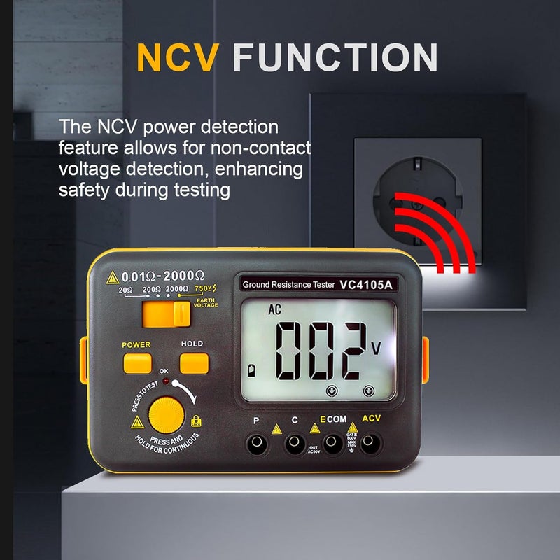 SKYCENX VC4105A Ground Earth Resistance Meter Tester, Grounding Meter Tester for Earthing,Offers Three Resistance Ranges (20Ω/200Ω/2000Ω) and AC Voltages 750V,with Tool Bag - Image 5